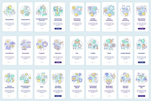 Advertising Strategies Mobile App Set: Graphics and Graphic Templates