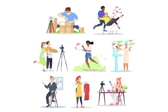 Bloggers Flat Vector Illustrations Set: Graphics for Local Business Branding